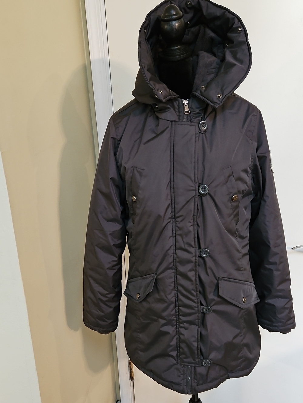 Madden Girl Black Hooded Parka Jacket Fleece Lined Large No Fur Trim